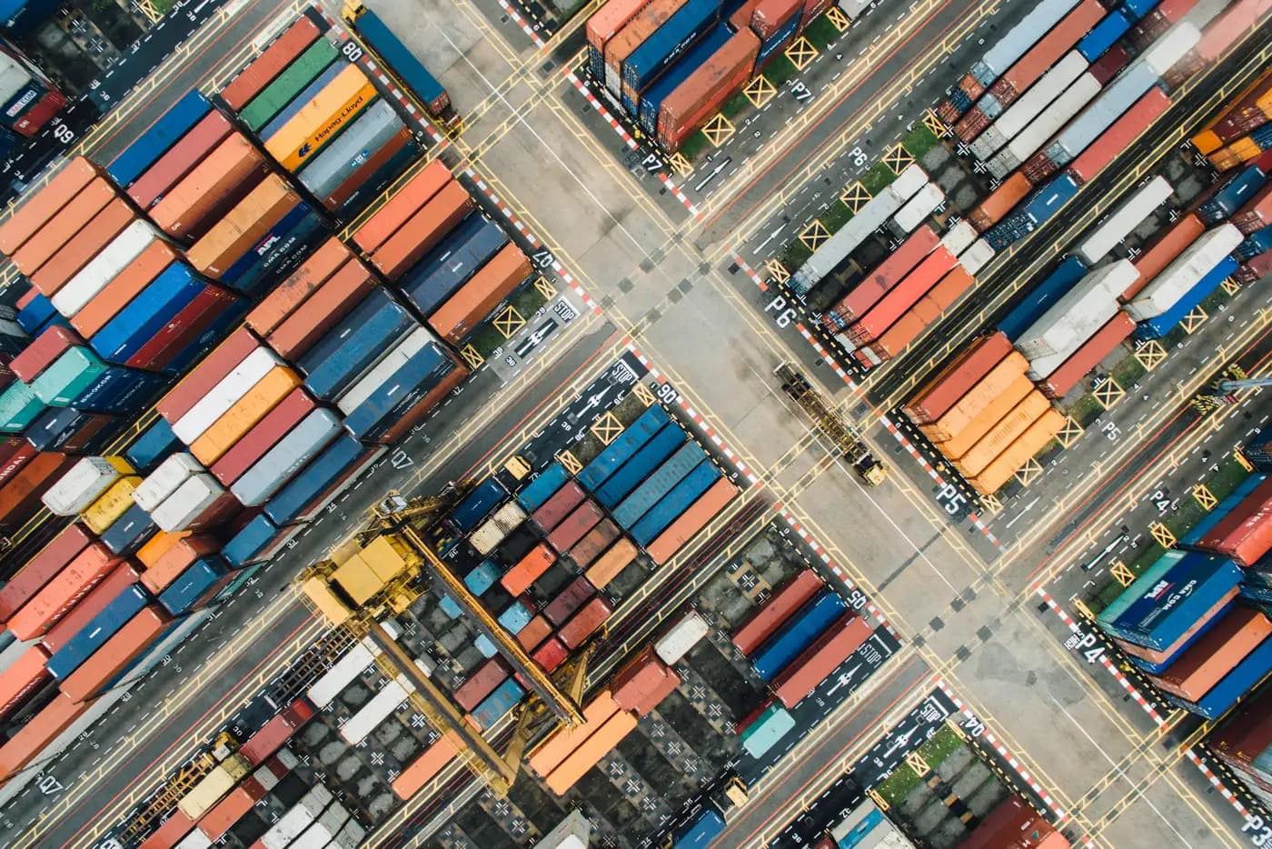 Aerial view of a container terminal, a picture of goods and payments moving between countries